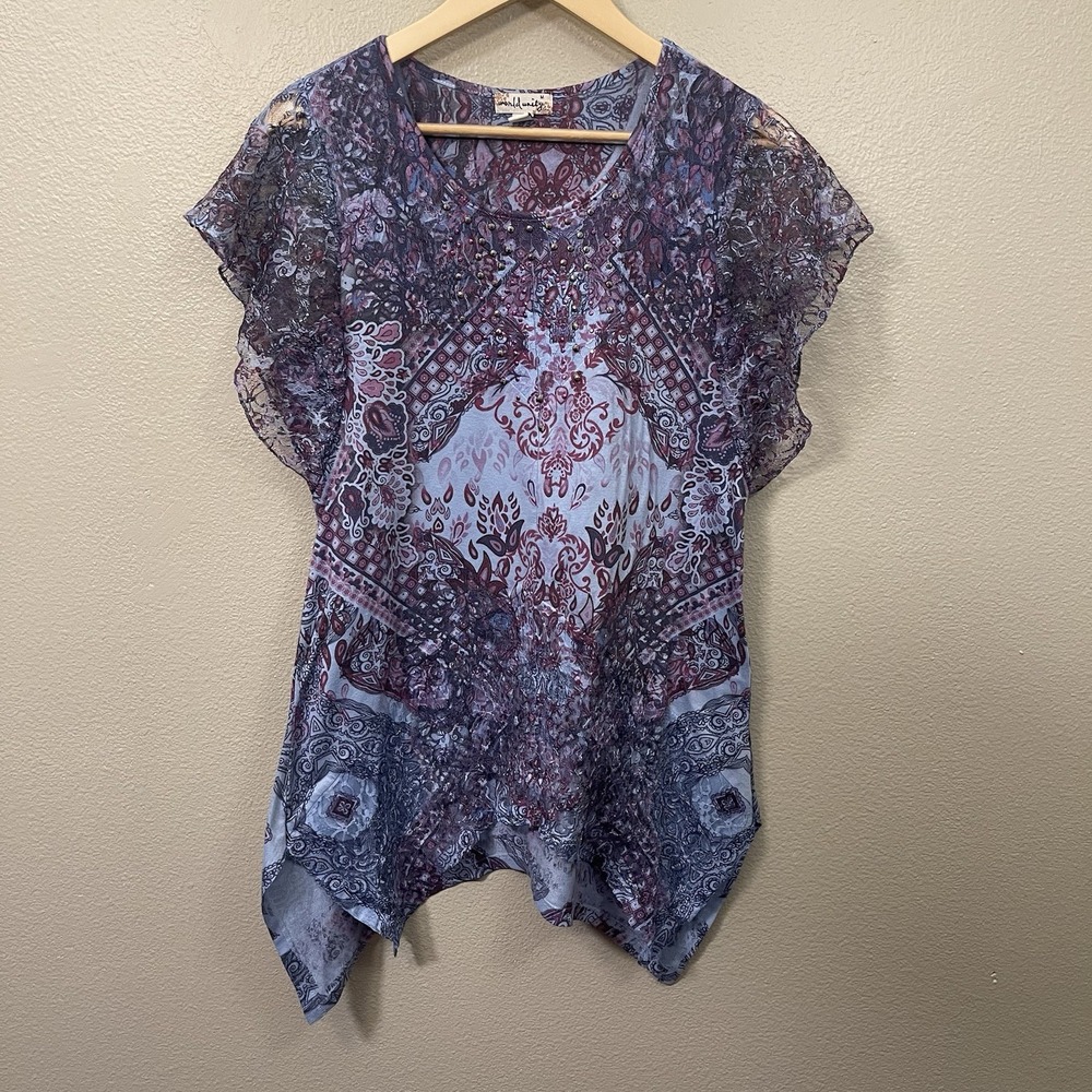 World Unity Asymmetrical Embellished Floral Fairy Top Lace Overlay Purple Size M
